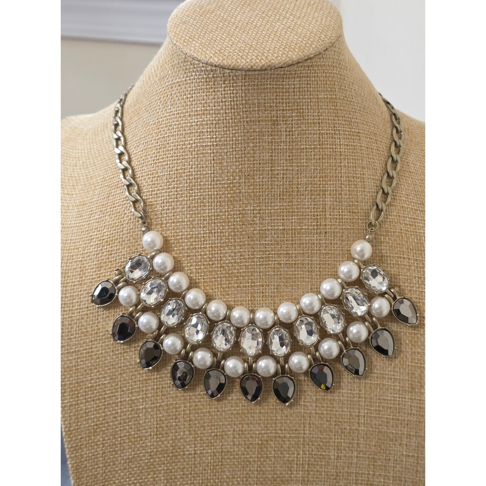 Lydell NYC Faux Pearl Crystal Statement Bib Necklace Silver Tone Smoky Grey